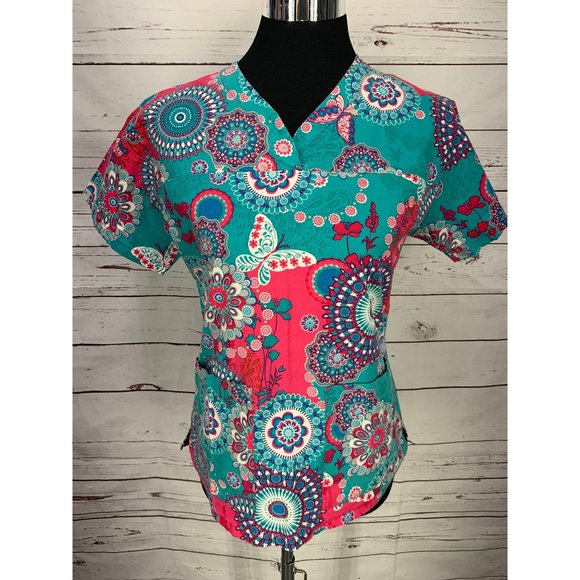 Med Couture Butterfly Floral Psychedelic Size XS‎ Scrub Top - Picture 1 of 8
